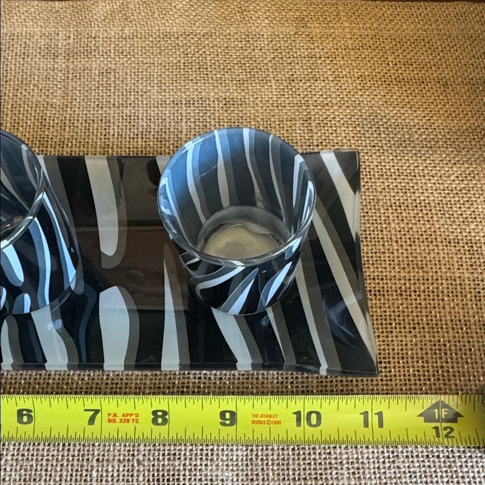 Black & White Zebra Print Glass Votive Candle Holders (3) and Tray